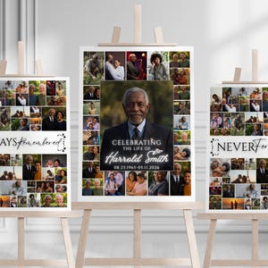 Peut inclure: Trois collages photo commémoratifs sur chevalets. Le collage central affiche un portrait et le texte "Célébrer la vie de Harold Smith" avec une plage de dates. Les deux autres collages indiquent "Toujours se souvenir" et "Jamais oublié".