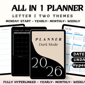 2026デジタルプランナー、ダークモードプランナー、ハイパーリンクプランナー、オールインワンプランナー、ポートレートプランナー、ダークモードノーション、シンプルなウィークリーマンスリー