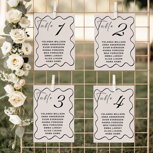 Plantilla de plano de asientos para boda con guión moderno, encuentre su asiento, tarjetas de plano, tablero de plano de asientos, tarjeta de asiento de mesa, plano de mesa, póster de asientos