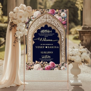 Editable floral nikkah arch welcome sign template, Islamic Wedding sign, bismillah navy nikah ceremony sign, luxury islamic wedding entrance