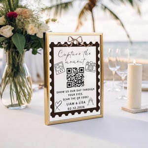 Tarjeta editable para compartir fotos con código QR, comparte el amor, cartel para libro de visitas para bodas, tarjeta para capturar el amor, diseño de sellos postales