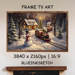 May include: A framed digital art print featuring a winter scene with a snowman, a train, and a snow-covered village. The artwork includes the text "FRAME TV ART", "3840 x 2160px | 16:9", and "BLUEINKSKETCH".