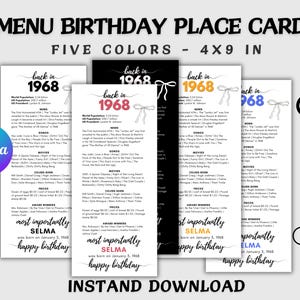 May include: A set of five 4x9 inch birthday menu place cards featuring the text Back in 1968, historical facts, pop culture trivia, and the name Selma. The cards are displayed in various color schemes including black and white, with a download icon.