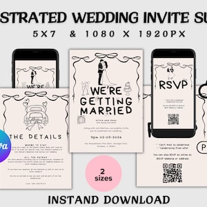 May include: Illustrated wedding invite suite with a black and white design. The suite includes a wedding invitation, details card, and RSVP card, displayed on smartphones and paper. The text includes "We're Getting Married" and "RSVP".