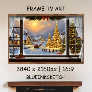 May include: A framed digital artwork for a TV screen, depicting a winter scene viewed through a window. The image shows a snowy village with lit houses, Christmas trees, and a horse-drawn sleigh. The text "FRAME TV ART" and "BLUEINKSKETCH" are visible.