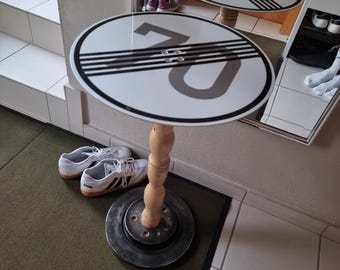 Creative side table made from a street sign and brake disc (absolutely unique!!)