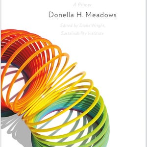 Op de afbeelding: Een boekomslag met de titel Thinking in Systems: A Primer door Donella H. Meadows, geredigeerd door Diana Wright, Sustainability Institute. Onder de tekst staat een regenboogkleurige plastic spiraalveer in de kleuren rood, oranje, geel, groen en blauw.