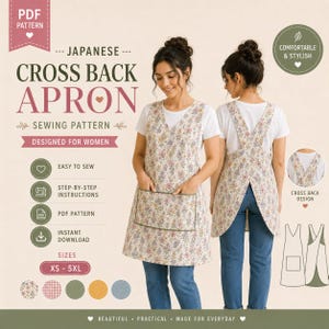 May include: A floral print cross-back apron sewing pattern. The apron is shown on a model, featuring a V-neck and a large front pocket. The image includes text that says "Japanese Cross Back Apron Sewing Pattern" and "Designed for Women."