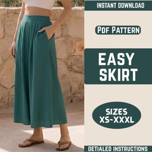 Puede incluir: Una falda de color verde azulado con cintura alta y bolsillos laterales. La imagen incluye el texto: INSTANT DOWNLOAD, PDF PATTERN, EASY SKIRT, SIZES XS-XXXL y DETAILED INSTRUCTIONS. La falda presenta una silueta larga y fluida.
