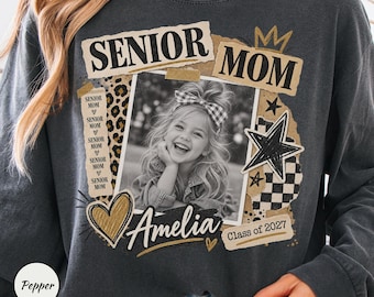 Personalized Comfort Colors Senior Mom Long Sleeve Shirt, Custom Class of 2027 Photo Gift