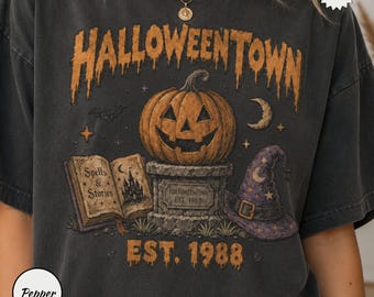 Camiseta Vintage Comfort Colors Halloween Town Est 1988, Camiseta de temporada espeluznante, Camiseta retro de calabaza, Camiseta con estampado DTG, Regalo para amantes de Halloween