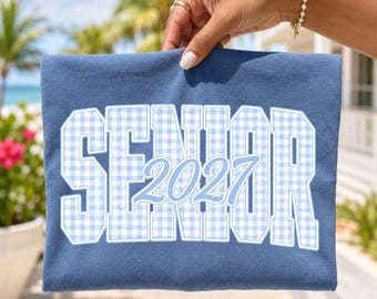 Senior 2027 Shirt, Comfort Colors® Blue Gingham Senior Tee, Class of 2027 Shirt, Graduation Gift, High School Senior Shirt