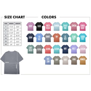 May include: A size chart and color guide for t-shirts. The chart lists sizes S to 4XL with widths from 17.12 to 29 inches and lengths from 26.6 to 33.5 inches. A grid displays 27 t-shirt color options with labels including Berry, Black, and Navy.