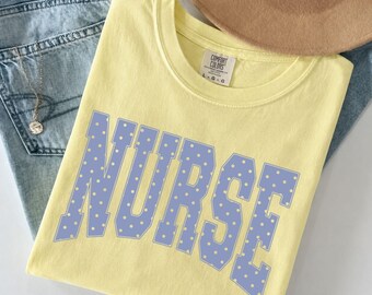 Nurse Comfort Colors® Shirt, Blue Polka Dot Nurse Tee, Cottagecore Nurse T-Shirt, PICU Nurse Gift, RN Shirt, Healthcare Worker Tee