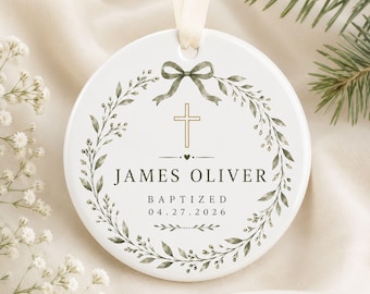 Personalized Ceramic Baptism Ornament, Floral Wreath Christening Keepsake, Custom Name Date Gift