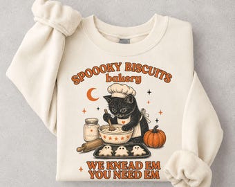 Kitty Biscuits Sweatshirt: Gruseliger Pullover, Vintage-Pullover mit Kürbismotiv, Halloween-Herbstpullover mit schwarzer Katze
