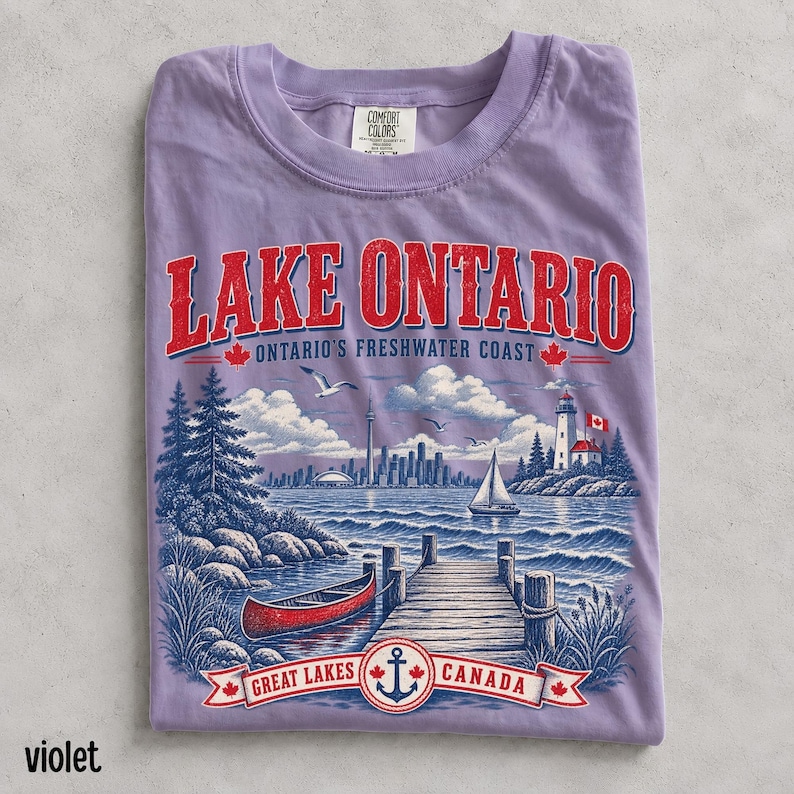 Vintage Lake Ontario Canada shirt in ivory featuring detailed Great Lakes shoreline, pine trees, Toronto skyline and nautical artwork.