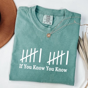 Op de afbeelding: Een zeegroen t-shirt met de witte tekst "If You Know You Know". Het shirt heeft een ronde hals en korte mouwen. Een zilveren ketting met een kleine hanger ligt op het shirt. Een bruine hoed is zichtbaar op de achtergrond.