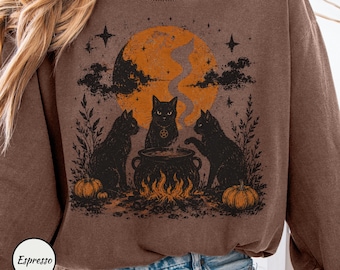 Camiseta de manga larga con estampado de gatos negros para Halloween, color Comfort Colors, camiseta vintage de gatos brujos, regalo espeluznante para amantes de los gatos