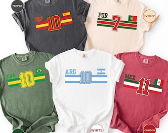 Retro Soccer Shirt, Country Flag Number Tee, Brazil Argentina USA Mexico England Portugal France Germany Shirt, Soccer Cup 2026 Fan Tee