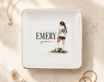 Personalisierte Schmuckschale für Fußballspielerinnen, Geschenk für die Abschlussklasse, Schmucktablett mit individuellem Namen, Erinnerungsstück für den Abschlussjahrgang 2027, Abschlussgeschenk für sie
