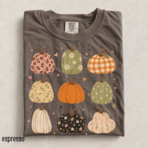 Pode incluir: Uma t-shirt cinzento-escuro com uma impressão gráfica de nove abóboras em vários padrões, incluindo estampado de leopardo, floral, xadrez e laranja sólido. O design é decorado com pequenas estrelas e corações. Etiqueta Comfort Colors.