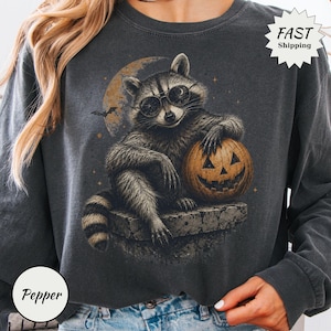 Camiseta de manga comprida vintage com estampa de guaxinim e abóbora para o Halloween – Camiseta de outono para amantes de animais assustadores, estampa DTG