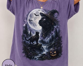 Black Cat Howling to Moon Shirt – Witchy Halloween Comfort Colors Tee, DTG Print