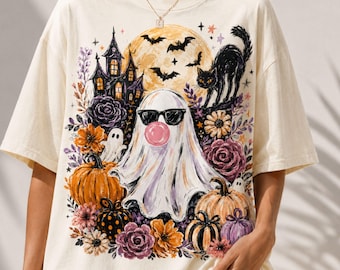Ghost Blowing Bubble Gum Shirt, Cute Halloween Ghost Tee, Girly Haunted House Shirt, Trendy Floral Pumpkin Fall Tee, Comfort Colors