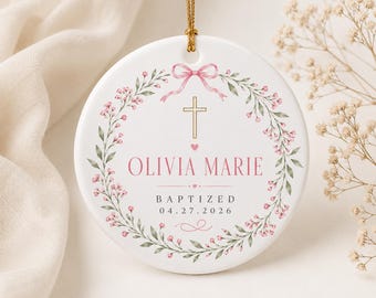 Personalized Baptism Ornament, Pink Floral Keepsake with Custom Name and Date