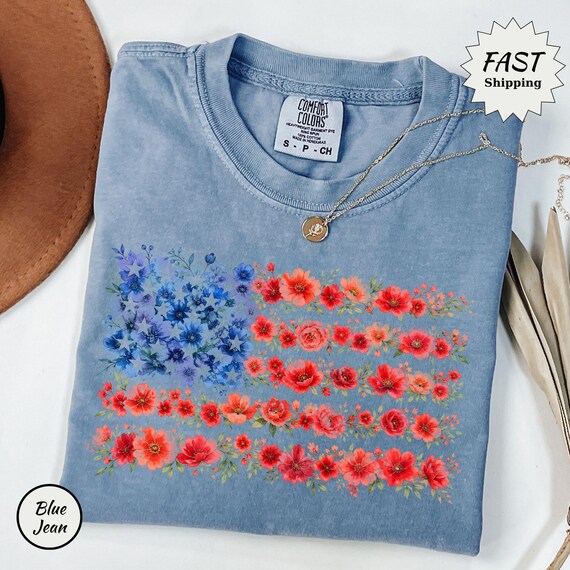 Floral USA Flag Comfort Colors Shirt, Womens USA T-Shirt, Floral American Flag Tee, Patriotic Gift for Her