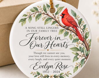 Adorno conmemorativo personalizado de cardenal "Siempre en nuestros corazones" Regalo navideño personalizado de recuerdo Decoración de recuerdo