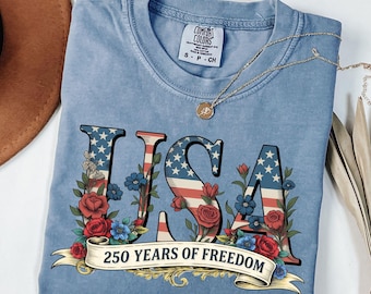 Vintage Floral USA Comfort Colors Tee, 250 Years Freedom Patriotic Shirt