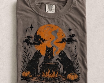 Halloween Cat Comfort Colors Shirt Vintage Witchy Black Cat Tee for Spooky Fall Outfits (DTG Print)