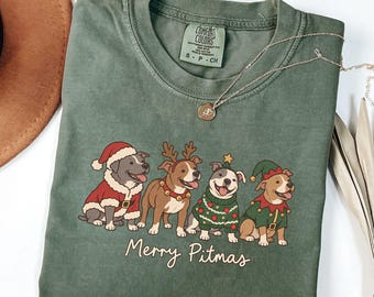 Camiseta navideña de Pitbull, Camiseta Merry Pitmas Comfort Colors, Camiseta navideña para mamás de perros, Regalo para amantes de los Pitbull, Camiseta divertida para perros en Navidad