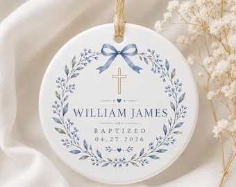 Personalized Baptism Ceramic Ornament, Blue Floral Bow Keepsake with Custom Name and Baptism Date Gift