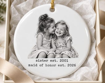 Adorno fotográfico personalizado, regalo para la dama de honor, adorno navideño de cerámica personalizado, regalo para proponerle ser dama de honor, recuerdo de boda