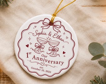 Personalized 1st Anniversary Ornament with Names and Date, Romantic Couple Keepsake Gift