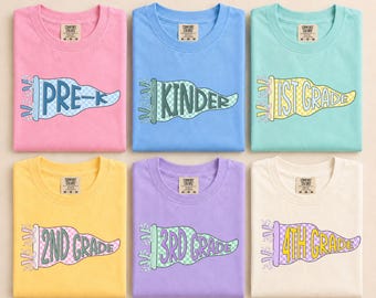 Camiseta de nivel de grado para maestros, camiseta con banderín de nivel de grado, camiseta para preescolar, jardín de infantes, 1.º, 2.º, 3.º, 4.º y 5.º grado, camiseta de regreso a clases para maestros, camiseta Comfort Colors