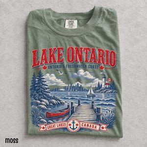 Comfort Colors Lake Ontario shirt with vintage Great Lakes graphic, Canadian accents, canoe, lighthouse and lake scenery.