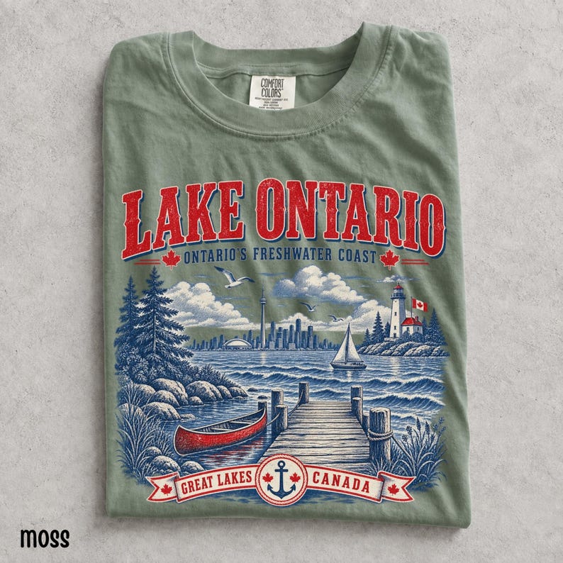 Comfort Colors Lake Ontario shirt with vintage Great Lakes graphic, Canadian accents, canoe, lighthouse and lake scenery.