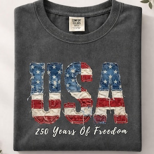 Retro USA-t-shirt med lapptäcke, 250 års frihet, skjorta i patriotiska komfortfärger