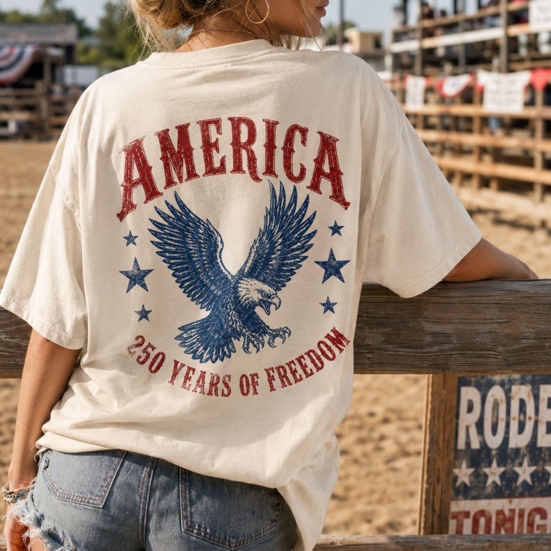 May include: Cream-colored t-shirt with a patriotic design. The back features the word "AMERICA" in red, above a blue eagle with outstretched wings, surrounded by stars. Below, it reads "250 YEARS OF FREEDOM."