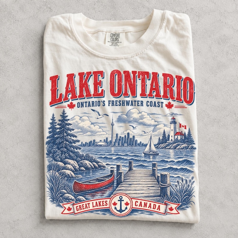 Comfort Colors Lake Ontario tee with vintage Great Lakes Canada design, canoe, dock, lighthouse and sailboat.