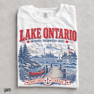 Lake Ontario Comfort Colors shirt with retro Great Lakes Canada souvenir design featuring dock, canoe, sailboat and lighthouse.