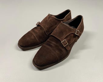 Vintage Santoni Suede Double Monk Strap Mocka Herrskor Bruna Storlek EUR 42.5 27 cm