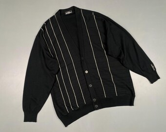 Herren Vintage Carlo Colucci Gestreifter V-Ausschnitt Baumwollmischung Strickjacke Schwarz Größe 56 XL / XXL