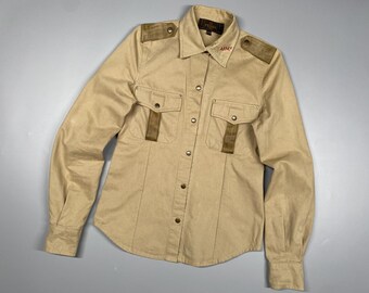 Chaqueta camisera vintage beige de mujer con bolsillos en el pecho estilo militar de FENDI, talla S