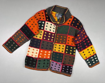 Vintage Otavalo Ecuador Patchwork-Strickjacke aus Wolle, handgestrickt, mehrfarbig, grob gestrickt, Herrengröße M/L