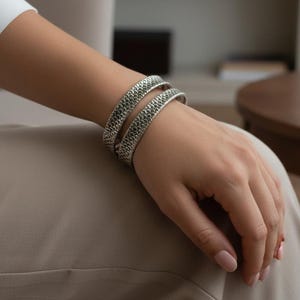 Sterling Silver Snake Scale Cuff Bracelet - Adjustable Wide Oxidized Silver Coil Bangle, Textured Tribal Statement Jewelry Gift for Her